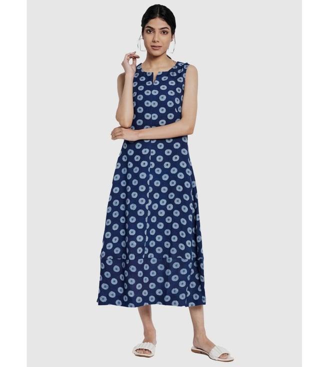 fabindia navy linen printed maxi dress