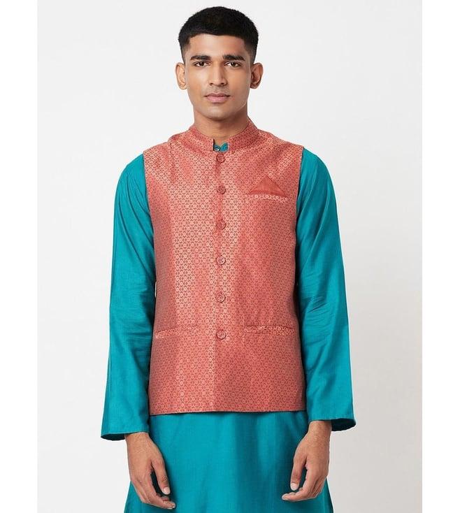 fabindia peach comfort fit printed nehru jacket