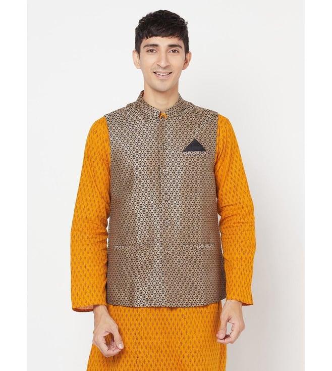 fabindia black & gold sleeveless mandarin collar nehru jacket