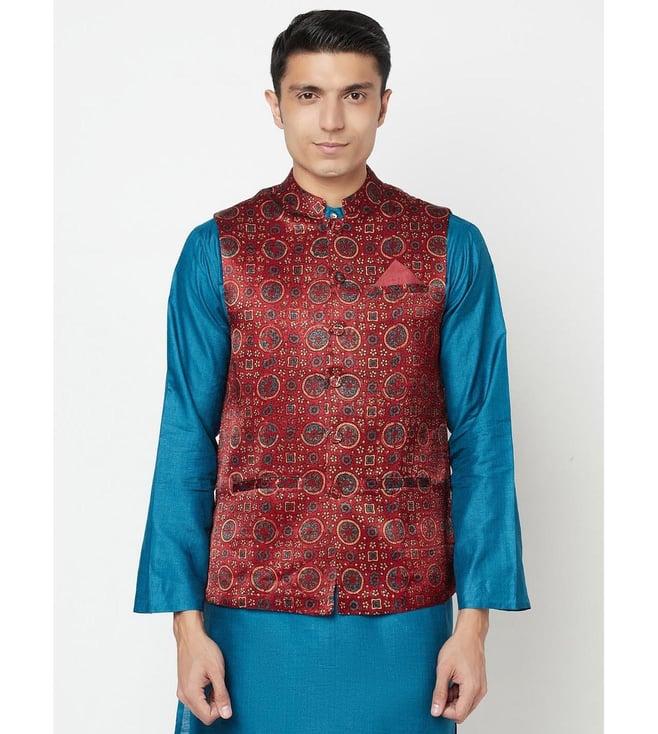 fabindia red sleeveless mandarin collar nehru jacket