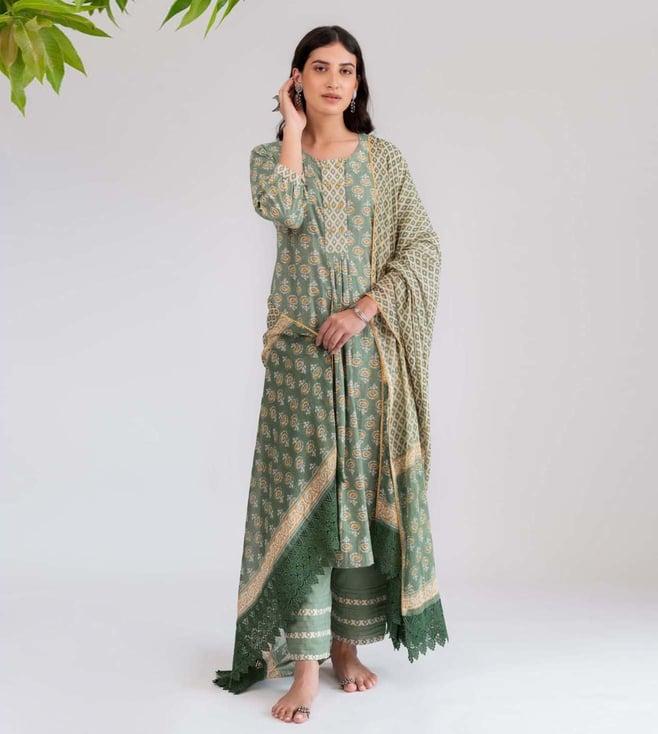 prakriti jaipur multi-color phool mandi green pleated kurta