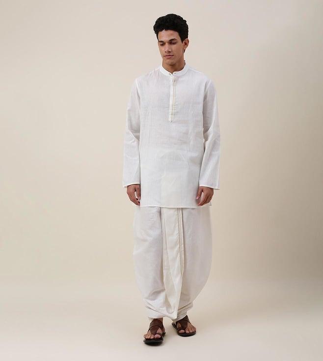 fabindia white woven cotton blend mandarin neck kurta with dhoti pants