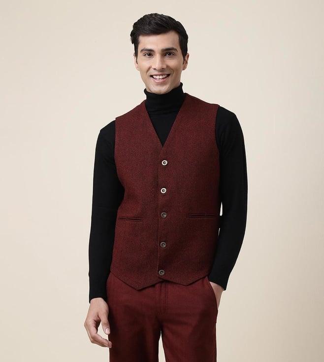 fabindia red woven wool v-neck waistcoat