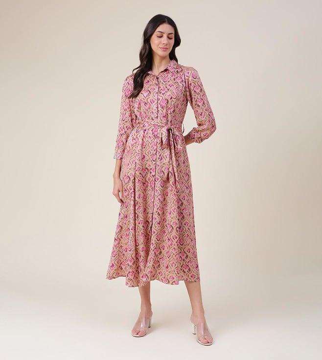 fabindia dusty pink printed rayon blend regular collar maxi dress