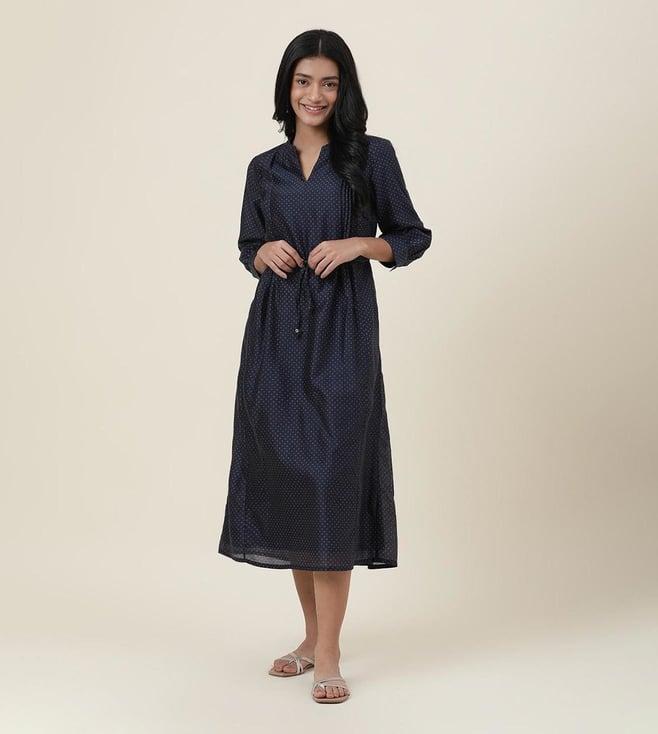 fabindia blue pintucks cotton silk mandarin neck midi dress