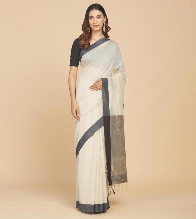 fabindia off white woven wool blend saree