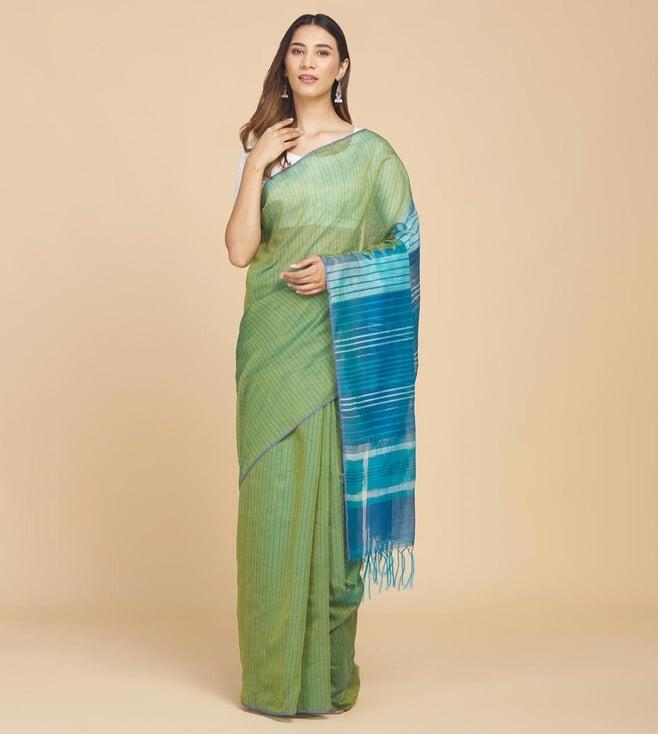 fabindia green woven wool blend saree