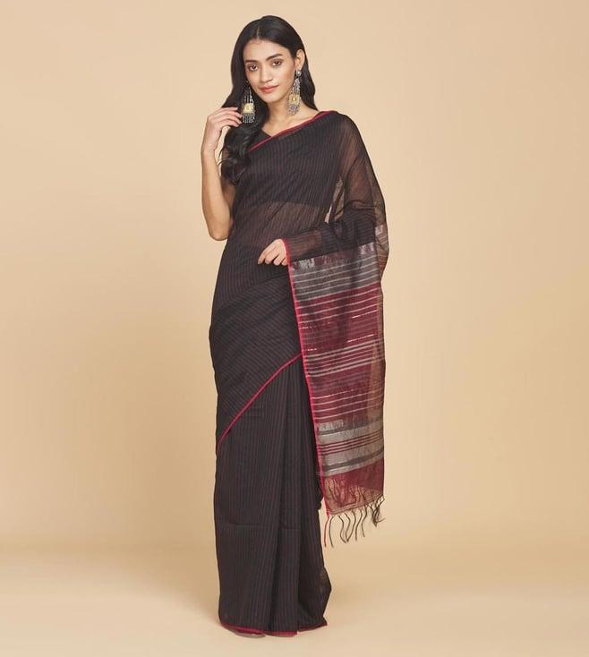 fabindia black woven wool blend saree