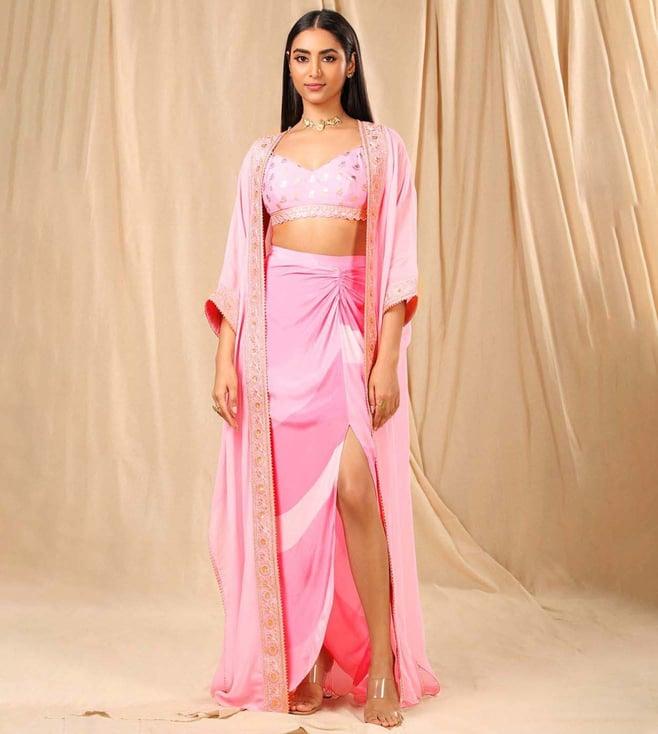 masaba candy pink sorbet bustier and drape skirt and cape