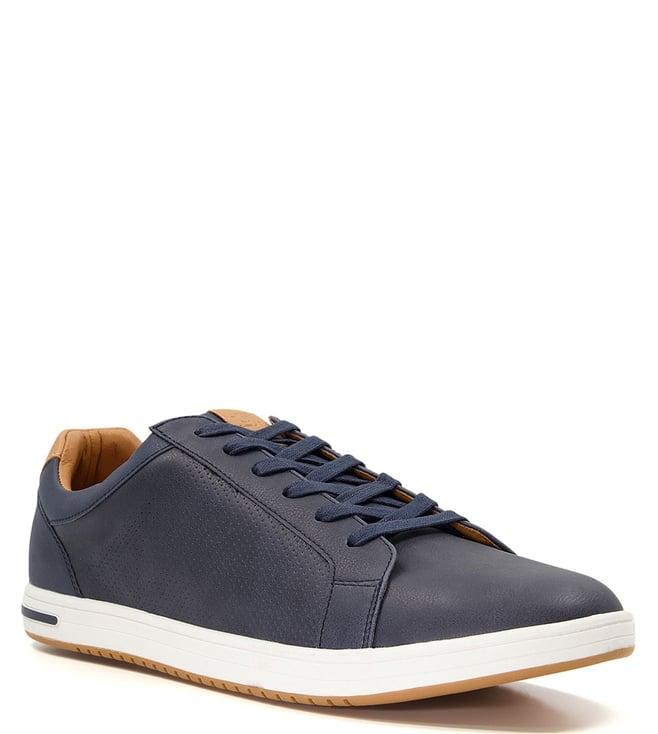 dune london men's tezzy perforated lace up navy sneakers