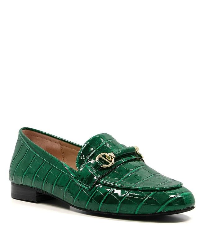 dune london women's grange snaffle trim green reptile loafers