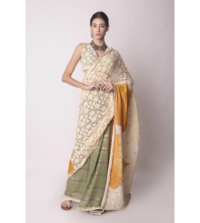 shwetanga ivory, mustard & jade gendra patchwork saree with blouse