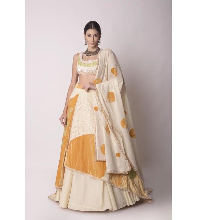 shwetanga ivory, mustard & jade gendra patchwork layered lehenga with blouse and dupatta