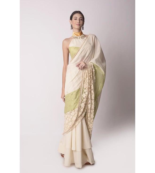 shwetanga ivory, mustard & jade gendra half and half drape saree