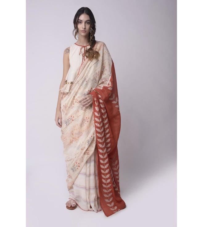 shwetanga ivory & rust gulzaar printed applique saree with blouse