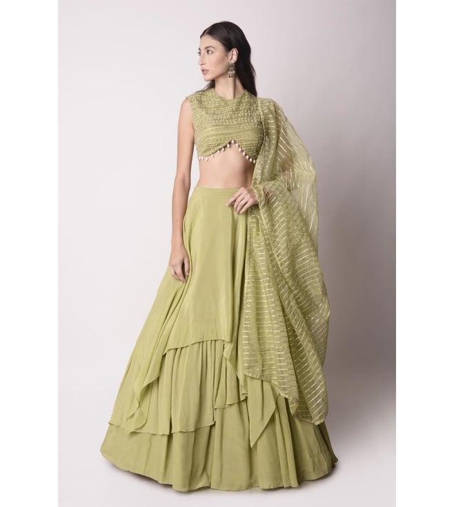 shwetanga jade mataari assymetrical layered lehenga with blouse and dupatta