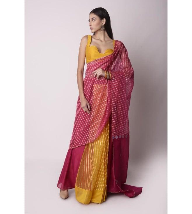 shwetanga fuchsia & mustard mataari pre stitched sree with mustard blouse