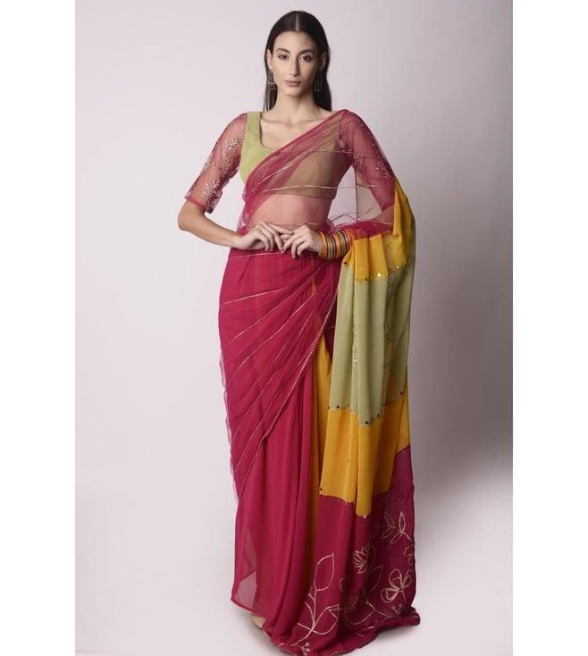 shwetanga multi-colour mataari panneled multi-colour saree with solid jade blouse