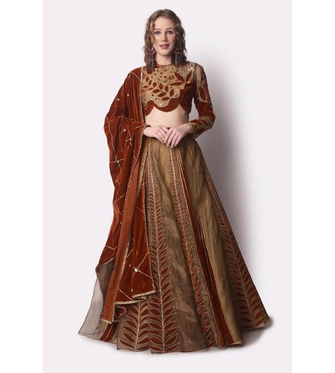 shwetanga rust & gold mataari-ii tissue lehenga paired with blouse and velvet dupatta