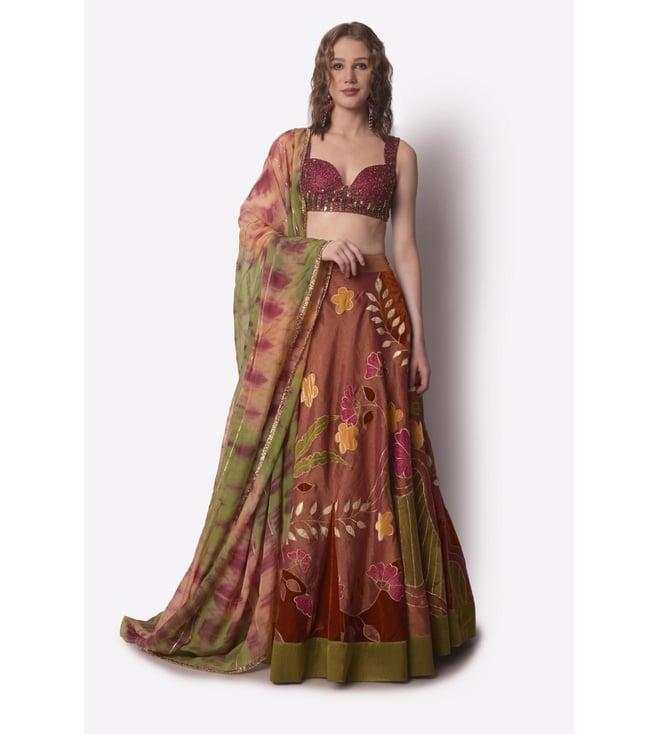 shwetanga multi-colour mataari-ii lehenga paired with hand embroidered blouse and tie-dye dupatta