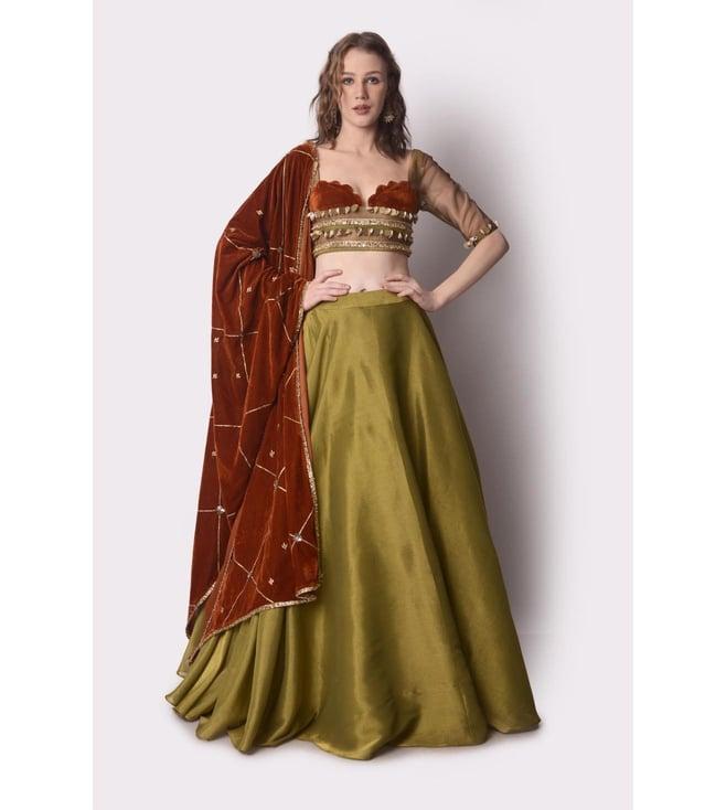 shwetanga rust & olive mataari-ii tissue lehenga paired with embroidered blouse and velvet dupatta