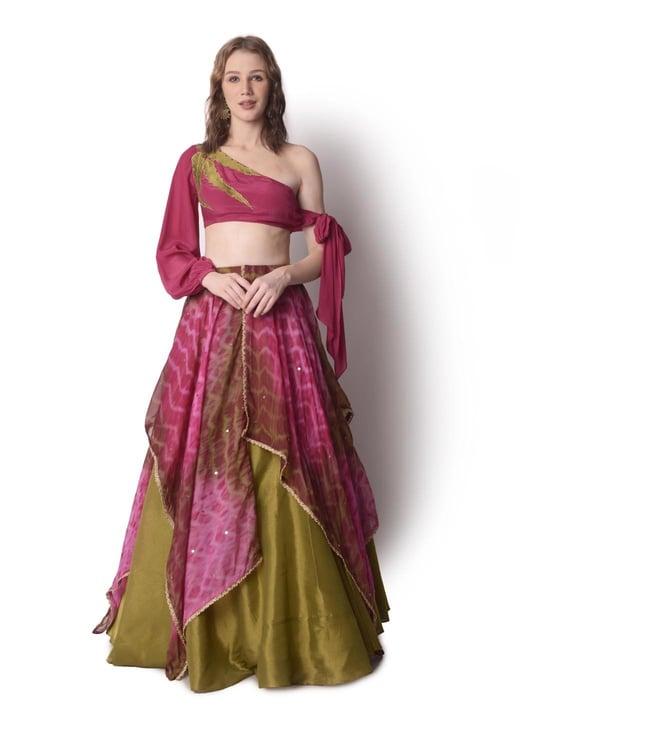 shwetanga multi-colour mataari-ii tie -dye layered lehenga paired with one shoulder tie up blouse