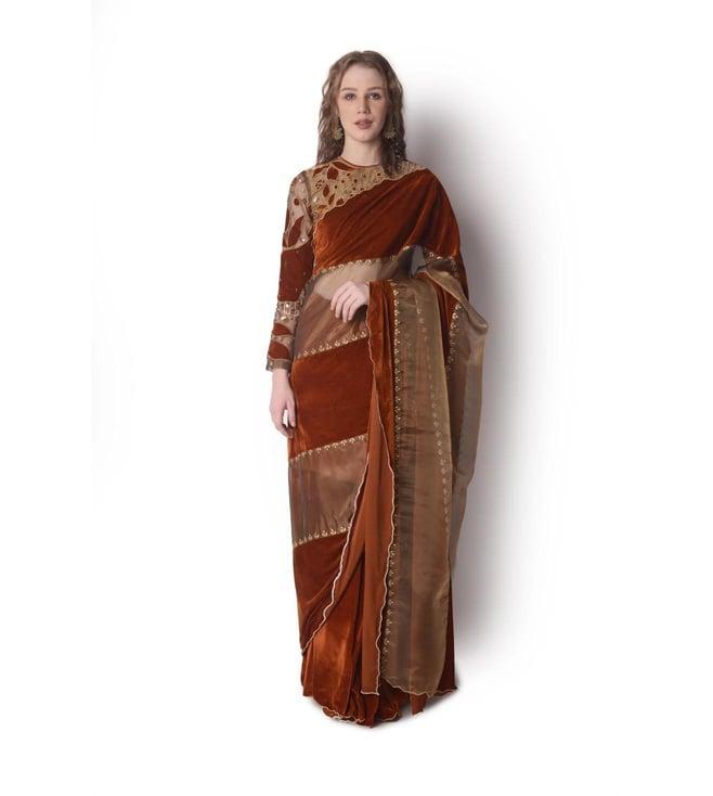 shwetanga rust & gold mataari-ii patchwork velvet saree paired with patchwork blouse