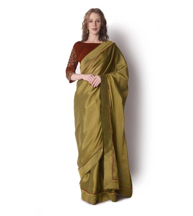 shwetanga rust & olive mataari-ii tissue saree paired with velvet embroidered blouse