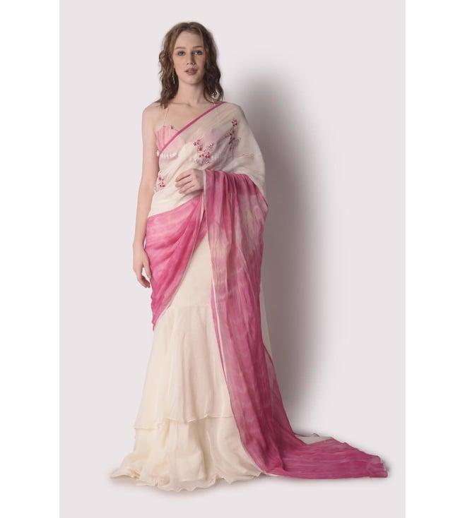 shwetanga rose pink & ivory mataari-ii tie-dye embroidered saree with patchwork bustier