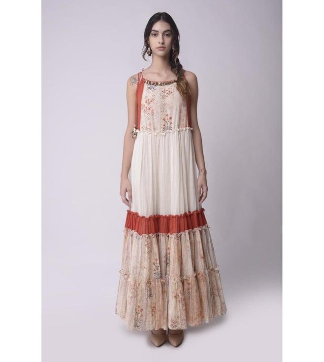 shwetanga ivory & rust gulzaar printed tiered dress