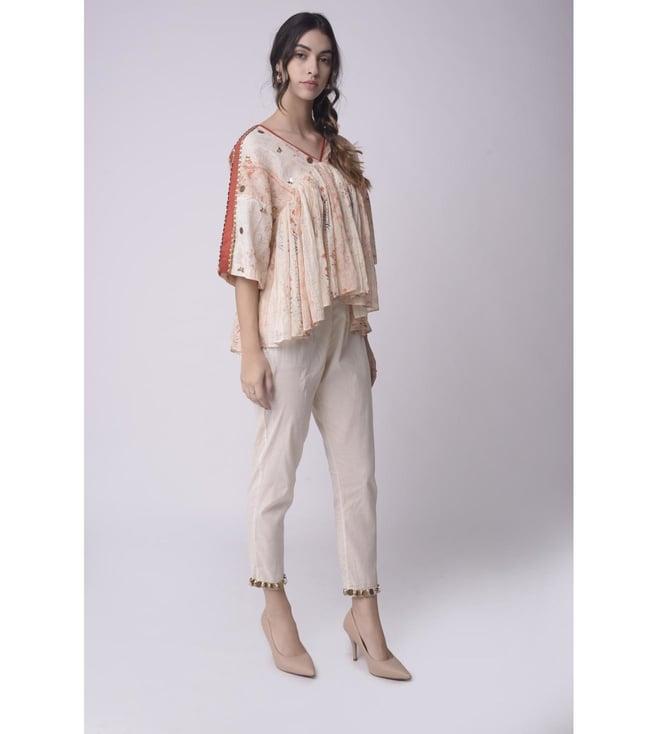 shwetanga ivory gulzaar printed and embroidered gather top with cropped pants