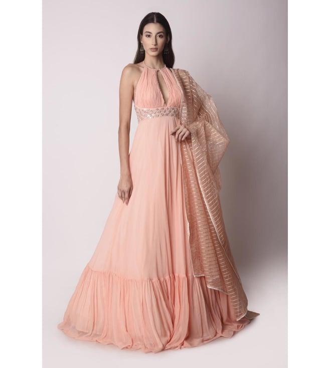 shwetanga peach mataari draped kalidar with dupatta