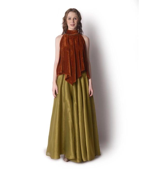 shwetanga rust & olive mataari-ii embroidered velvet handkerchief top with tissue bias sharara