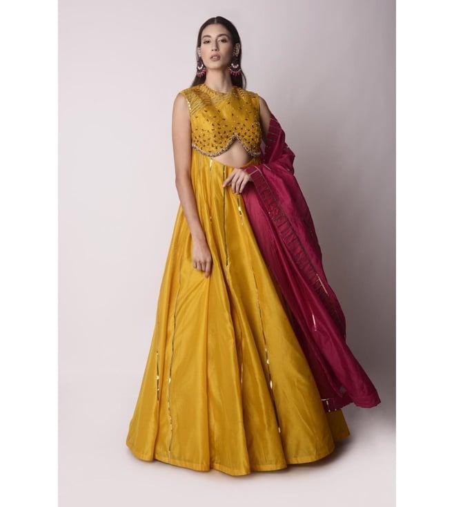 shwetanga mustard & fuchsia mataari panelled cutout kalidar with dupatta