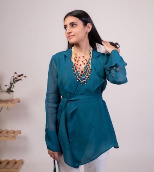 moh teal blue solid organza jacket