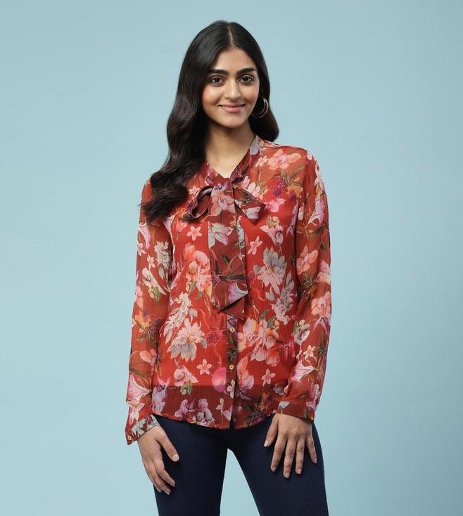 aarke ritu kumar red floral print tie-up shirt with camisole