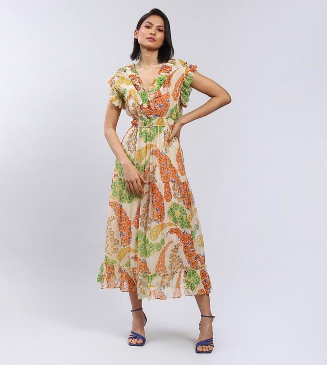 label ritu kumar v neck short sleeves printed long dress