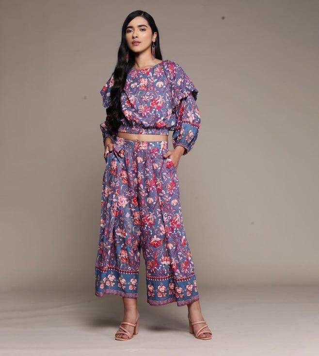 aarke ritu kumar blue printed top with pant co-ord set