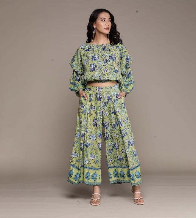 aarke ritu kumar green printed top with pant co-ord set