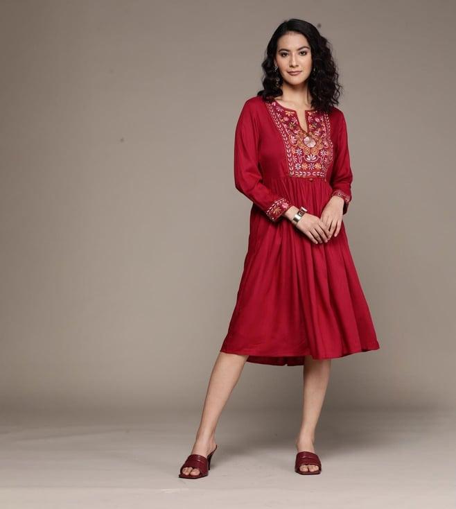 aarke ritu kumar magenta calf length embroidered dress