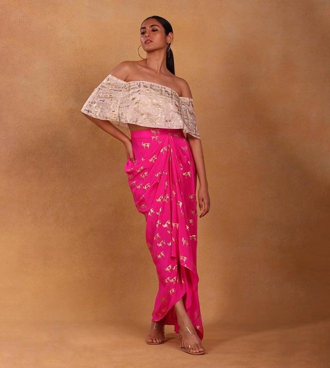 masaba pink & ivory moor khadee top and drape skirt