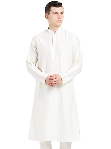 kisah men's kurta, off white silk, solid regular fit mandarin collar long sleeves (56)