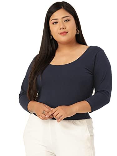 therebelinme plus size women's navy blue solid color cotton crop fitted top(xxxxxl)