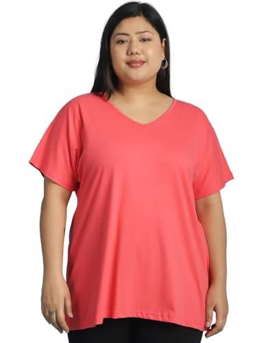 therebelinme plus size women's peach solid color v-neck cotton knitted t-shirt-(xxxxxl)