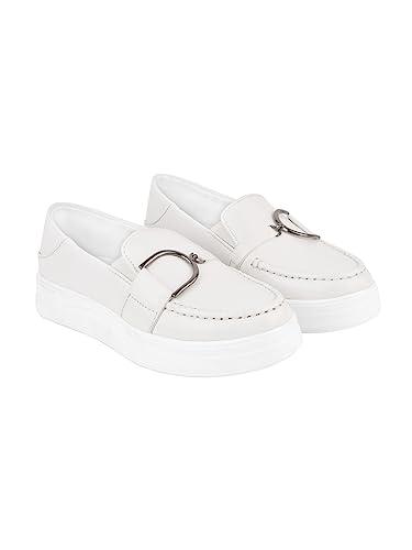 shoetopia smart casual chain detailed white loafers for women & girls