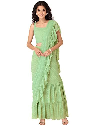 indya women's chiffon pre-draped saree (isk00765_green)