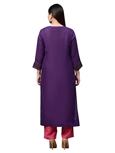 linen club woman pure linen purple front placket long kurta set (size: s)