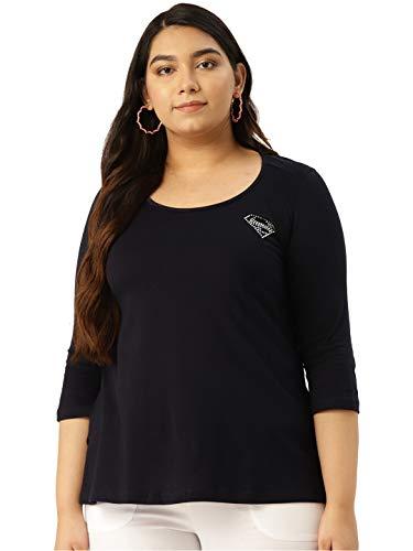 therebelinme plus size women's navy blue solid color round neck embellished detail cotton t-shirt(xxl)