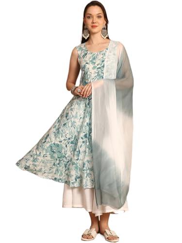 jompers womens teal printed flared kurta pallazos dupatta set (teal, xl)