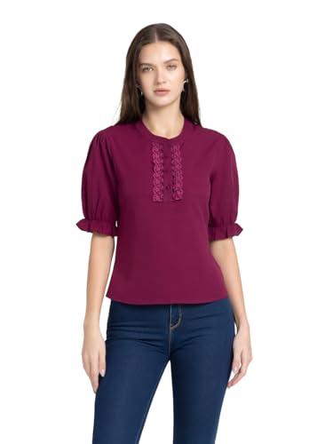 shaye burgundy casual short sleeves band collar solid top for women